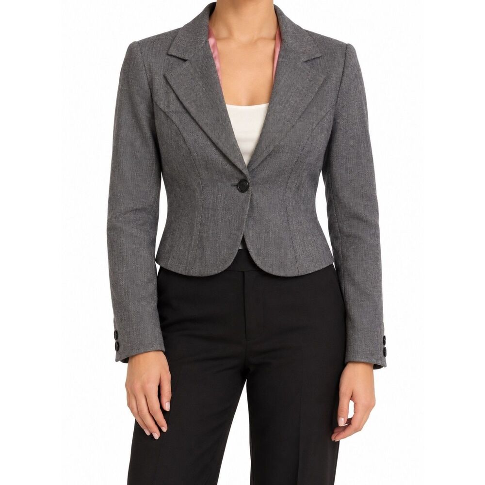 My Michelle Women’s Gray Herringbone Cropped Blazer | Size Medium